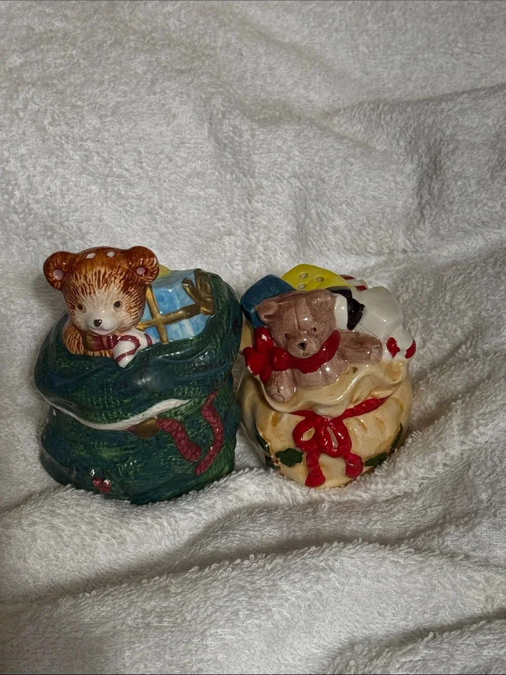 Ceramic Teddy Bear Ornament Set - Green, Cream and Red Accents